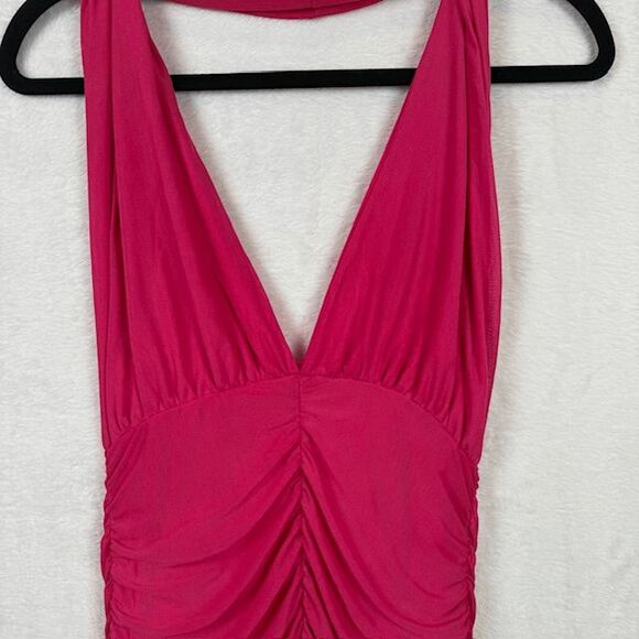 Pretty Little Thing Pink Mesh Extreme Plunge Ruched Bodycon Dress Halter Size 4 - Picture 4 of 12